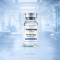 Vial labeled 'PUREFORM LABS TB-500 10mg Peptide solution' on a blurred blue background